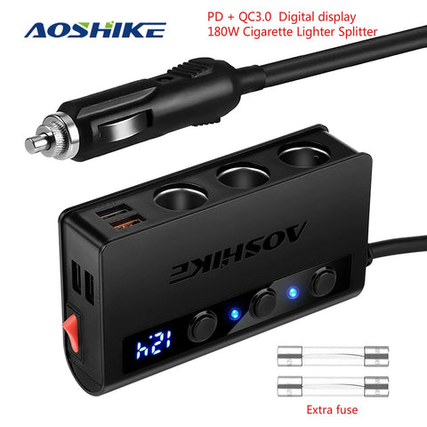 AOSHIKE Car Power Adapter Cigarette Lighter QC 3.0 Adapter 180W 12V/24V 3-Socket Splitter 4 USB Ports For GPS/DashCam/Phone/iPad
